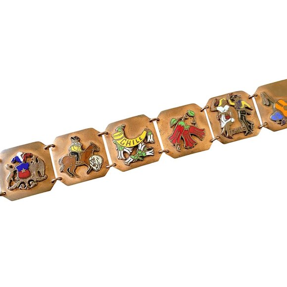 Copper and Enamel Panel Bracelet Chile Tourist Souvenir Vintage Jewelry - Picture 1 of 5